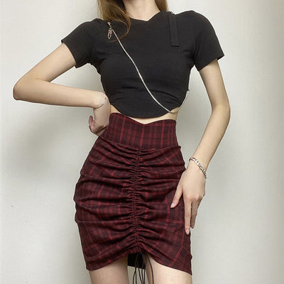 2021 summer new women street fashion plaid high waist lace up hip tight skirt