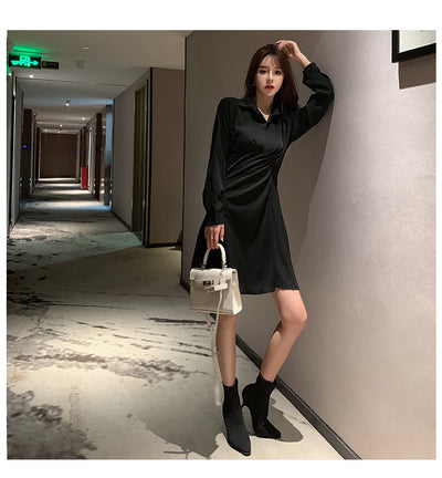 Ruched ruffle asymmetric anti-shrink V neck A-line dress slim fit petite skirt gothic street hipsters for early autumn and spring
