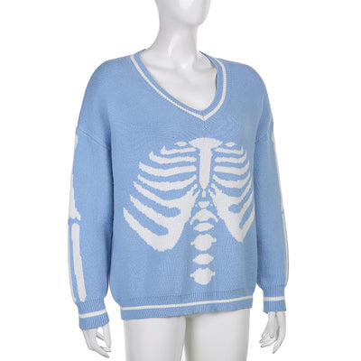 Instashop college style V collar skeleton prints loose fit skeleton skull pullover long sleeve sweater