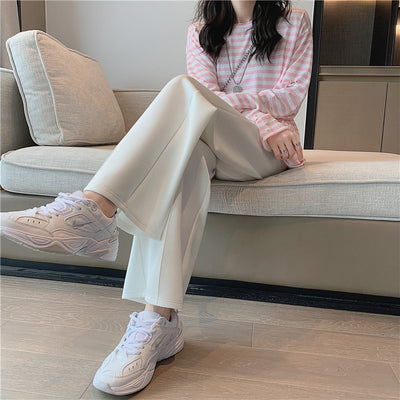 Cotton wide-leg casual pants drawstring waist sweatpants loose fit straight pleated line