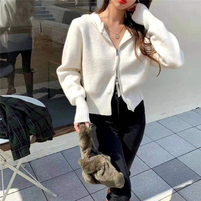 Soft double 2-way zipper high waist hooded sweater coat loose casual knitted cardigan hoodie
