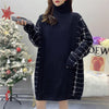 2022 fake 2 pc women knitting dress couture splicing plaid warm dress knitted tunic sweater with belt
