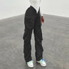 Hip hop style straight tube large pockets overalls blue V shaped waistline tight casual pants
