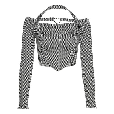 Bandage hanging halter neck slim heart pendant strapless long sleeve sexy petite crop tank top grid pattern