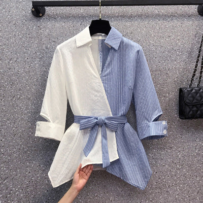 Splicing block color stripes hollow cut sleeves lapel collar long shirt with belt plus size