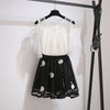 Frilly fairy floral summer gauze dress set off shoulder blouse and skirt set Korea style embroidered embellishment