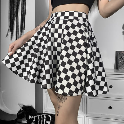Contrast black white plaid prints mini skater skirt trendy european gothic streetwear