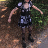 Dark gothic square neck skulls horror dolls print skater dress lace trim pleated umbrella swing skirt for women