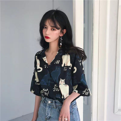 Harajuku cat lovers kittens printed retro vintage loose casual style shirt for chic girls