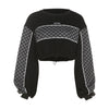 Dew umbilical lantern sleeve drawstring chessboard patchwork knitted sweatshirt pullover round neck splicing sweater