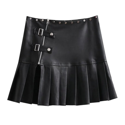 Instashop biker rivets faux leather PU half skirt high waist mini pleated zipper punk style