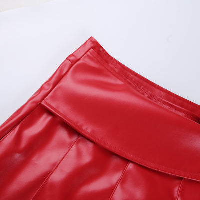 Thin PU leather high waist versatile skirt sexy pleated skirt with buckle