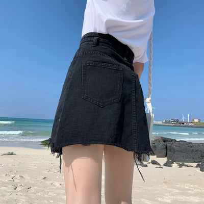 asymmetric denim skirt button placket high waist tight belly body shaper A-line mini skirt plus size