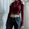 Shoulder cut striped zipper turtle neck dew umbilical long-sleeved knitwear street hipster T shirt