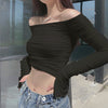 Sexy off shoulder slim fit mesh flare sleeves long sleeved dew umbilical pleated T-shirt women blouse