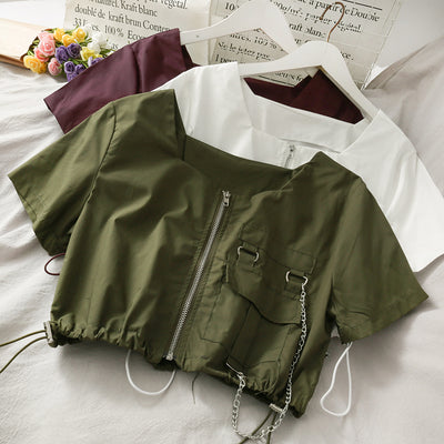 French Korean niche design cargo shirt drawstring hem deco with metal chain pockets and zipper crop top