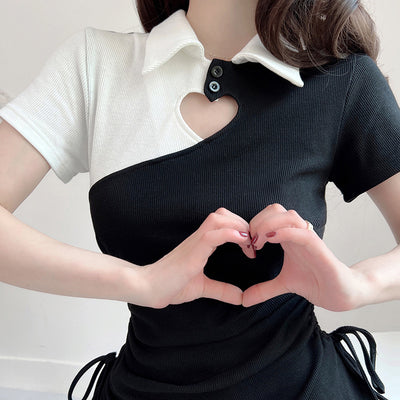 Heart hollow splicing cuts mini dress lapel collar drawstring pleated slim fit A-line skirt