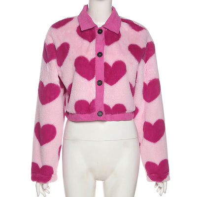Splicing contrast color love hearts furry puffy jacket coat lapel collar cardigan crop top women kawaii sweater