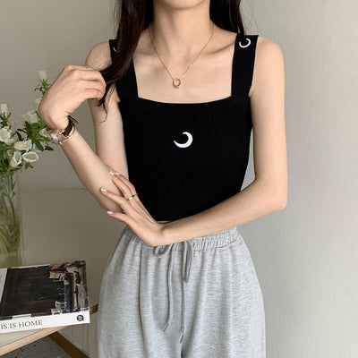 Korean fashion embroidery crescent moon knitwear 2022 summer strappy square neck cami