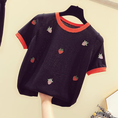 Korea embroidered strawberry kawaii knitwear crew collar pullover knited women t-shirt top instafashion