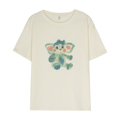 Water paint cartoon elephant rabbit graffiti T-shirt Korean fashion loose casual cotton top tee