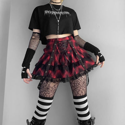 2022 Gothic cami skirt plaid set lace straps agaric top pleated skirt 2 pc suit