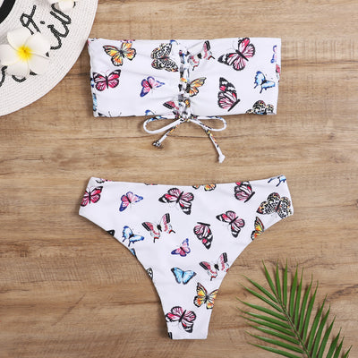 Chest band bikini sexy butterfly print split swimwear chic holiday backless swimsuit
