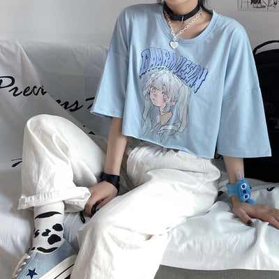 Crop top loose anime girl face T-shirt harajuku niche design high waist top instafashion