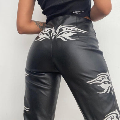 Gothic dragon printed dragons faux leather hiphop pants high waist leggings abdomen cover trousers punk style