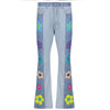 Splicing high waist trousers patch embroidered flower contrast color flared pants denim jeans