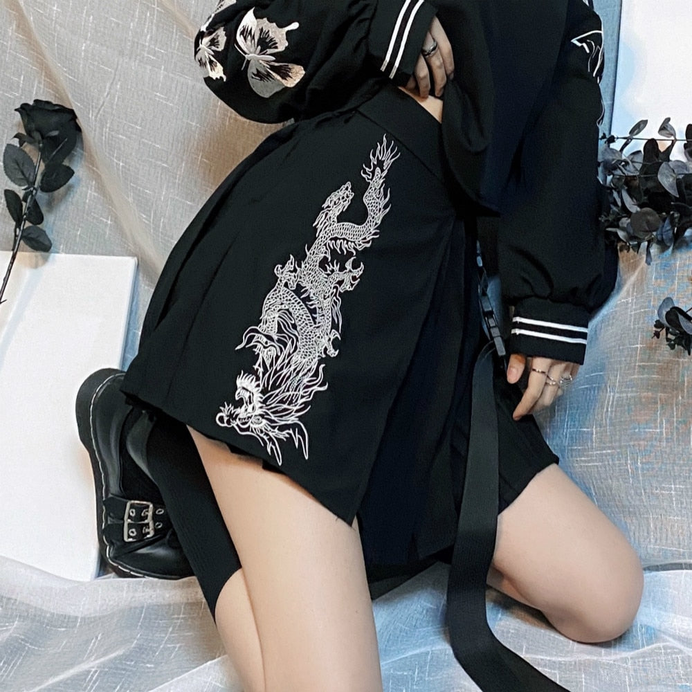Dark Gothic Harajuku Dragon Pattern Retro Embroidery Irregular Pleated Dress A-line Mini Skirt