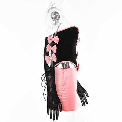 Off shoulder hot girl camisole skirt set pink bows lace up back split sleeves