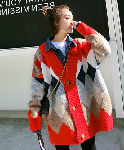 2021 Fairy Style Frauen Cardigan Koreanische Retro Loose Fit Pullover Instashop Argyle Plaid Strickjacke