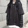 2021 Dark Gothic Kawaii checkered plaid hoodie fake two-piece sweater top with warm lining