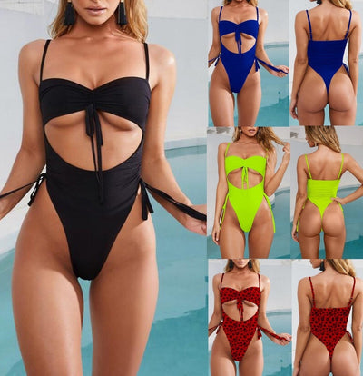 Sexy Hollow Cut One Piece Ladies Bikini Bodycon swimsuit Monokini Sports Swimwear Red Leopard