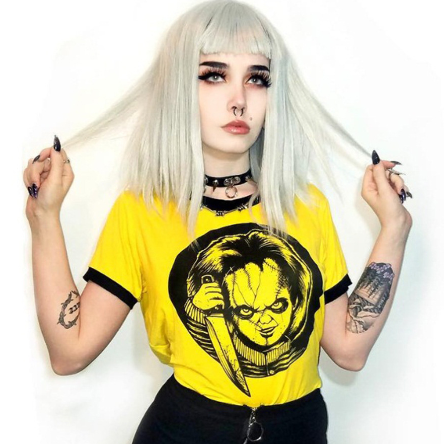 Horror doll digital printing slim short T-shirt tight fit casual strechable wear
