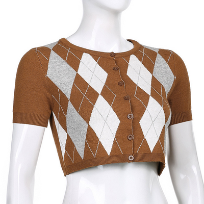 2022 crop top retro vintage argyle jacquard plaid slim fit short-sleeved sweater top