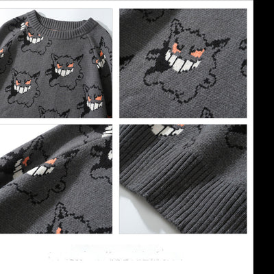 Round neck pullover long-sleeved petite demon monster jacquard loose sweater urban leisure knitted kawaii sweater