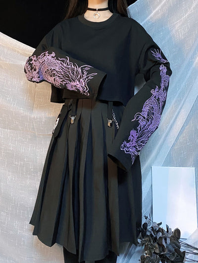 heavy embroidery purple dragon giant flared sleeve sweatshirt dark gothic punk girl retro streetwear chic Top T-shirt