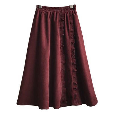 2021 winter long corduroy skirt agaric placket fluffy umbrella skater dress ruffles trim agaric edge
