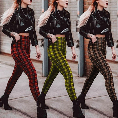 2022 checkered plaid high waisted women leggings casual chic stretch pencil pants capris length plus size