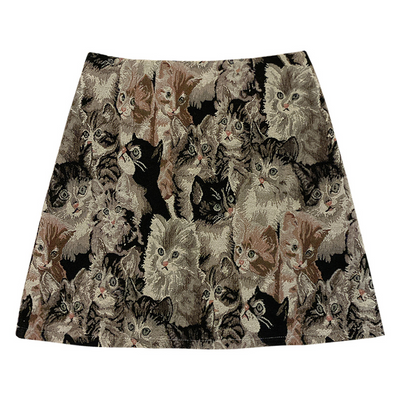 Retro Vintage A-lined jacquard Skirt oil painting with Japanese Kitty Cats Kittens
