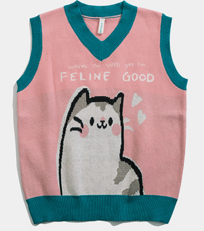 2021 spring knitwear vest V-neck kawaii kitty loose fit sleeveless sweater for boys girls