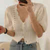 Korean crochet cardigan short waist bubble sleeve lace trim knitwear top for blouse femme