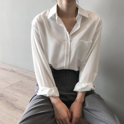 2021 neue schicke einfarbige Bluse einfaches Temperament Langarm-Revershemd für Frauen