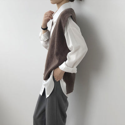 Antiwrinkle gestrickte Weste Strickwaren Gabel Saum V-Ausschnitt Korean Loose Fit Wollpullover langes Oberteil für Frauen