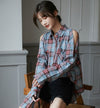 2021 Korean Retro Style Split Sleeve Lapel Collar Oversize Blouse Plaid Long Shirt loose fit