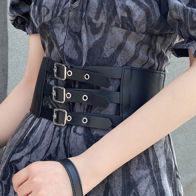 Harajuku style dark gothic cool girl off shoulder split hem tie-dyed ruffled midi dress belt girdle