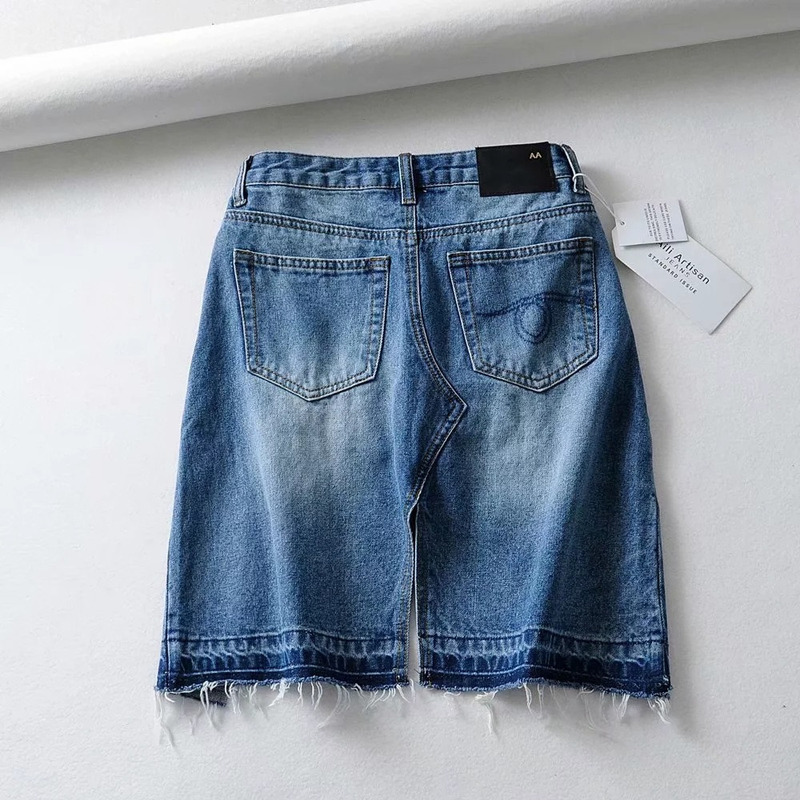 destroyed ripped half length denim pants asymmetric jeans european st ...