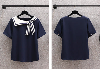 Plus size navy sailor collar stripes tie knot blouse Japanese style women top